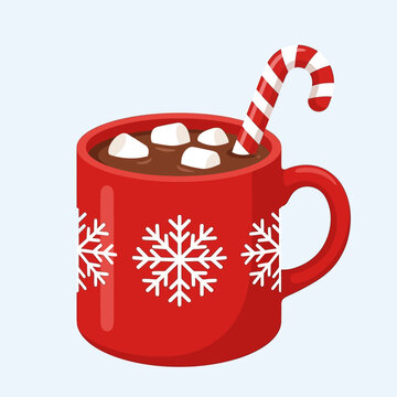 Illustration of a festive red ceramic mug filled with hot chocolate cocoa and topped with mini marshmallows and a striped candy cane, featuring white snowflake patterns.