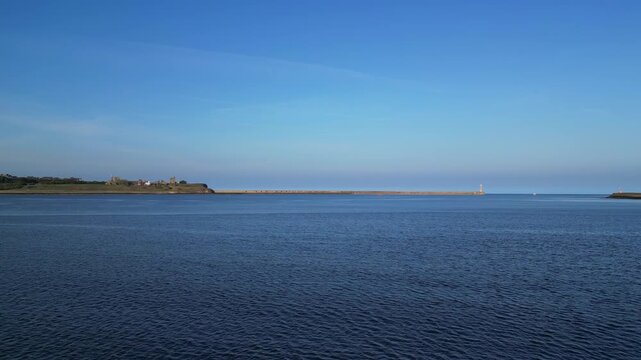 High Angle Drone Camera Footage of Newcastle upon Tyne Beach and Ocean. The Footage Was Captured at Just Before Sunset From Medium High Altitude From Sea Level on 13th October, 2025. 