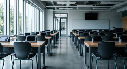 Fototapeta premium Modern empty computer lab classroom featuring rows of wooden desks and electronic tablets ready for learning