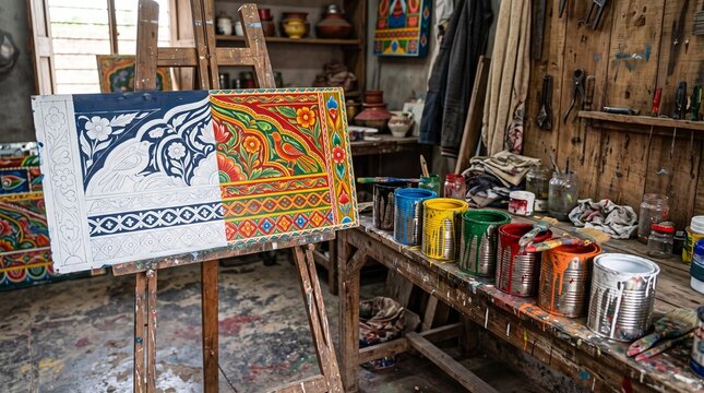 Paint cans and brushes by truck art panel in workshop