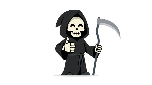 Skeleton in a black hooded robe holding a scythe while giving a cheerful thumbs up gesture in a cartoon vector style.