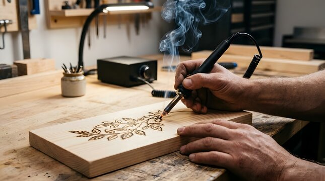 Person using a pyrography pen to burn a floral design into a wood board