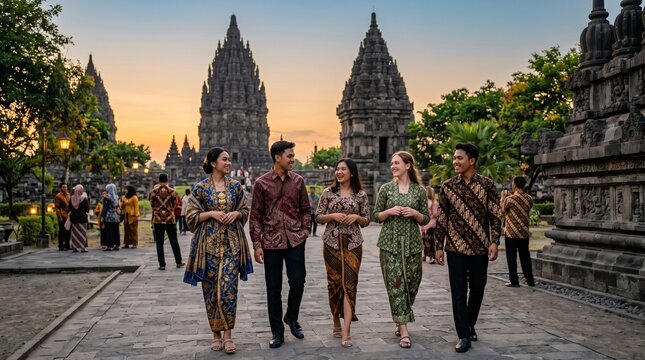 Group of friends in traditional batik clothing walking at Prambanan temple complex in Indonesia.