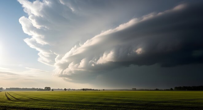 Dramatic Storm Front with massive shelf cloud formation looming over a vibrant green agricultural field. Ideal for weather forecasting, climate change awareness, and nature backgrounds.