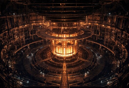 Futuristic nuclear reactor core glowing with intense energy inside a high-tech industrial facility, dramatic lighting showcasing intricate machinery and structural design