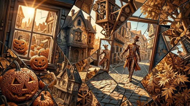 Surreal halloween collage featuring carved pumpkins and skeleton figure