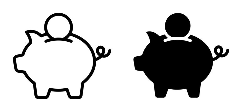 Piggy Bank Icons: Outline and Solid Fill Vector Graphics for Savings and Finance Concepts, Representing Wealth Accumulation and Financial Planning