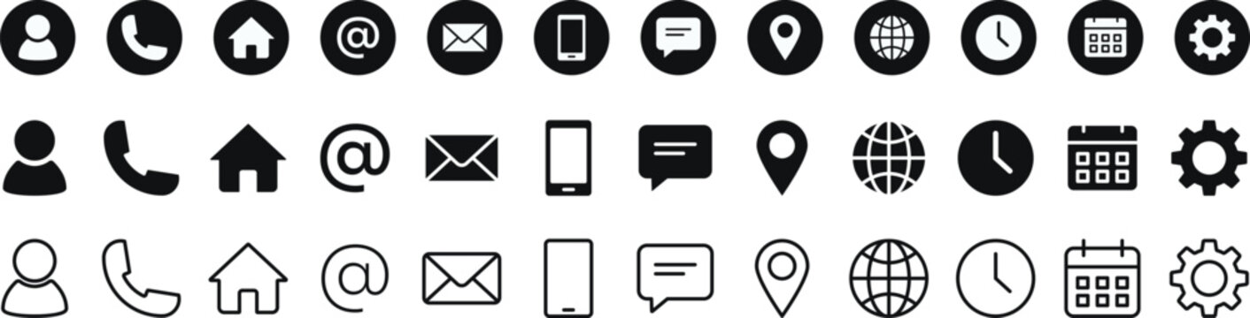 Business contact and Communication pictograms. Phone, email and location sign. Internet, calendar and settings pictogram for business website, contact page, resume and interface design.