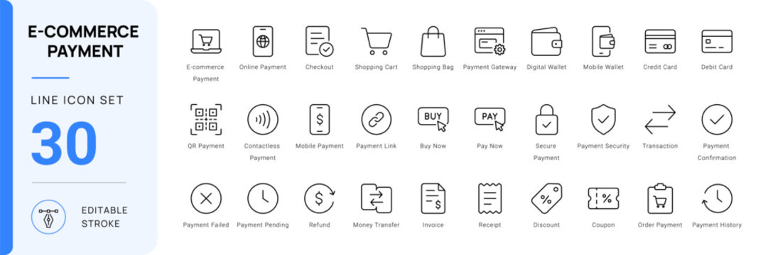 e-commerce payment icon line style online shopping checkout editable stroke vector set