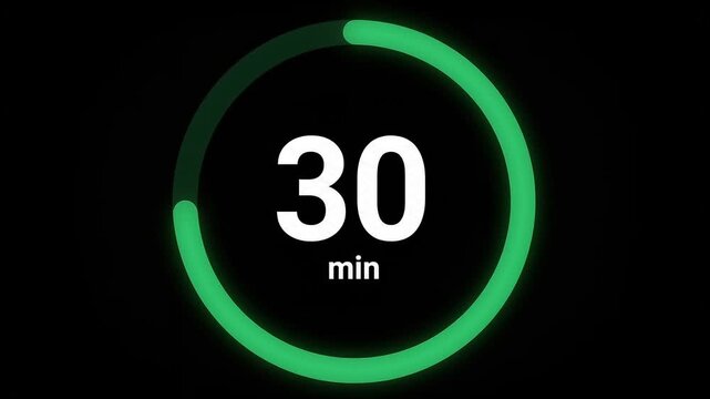 Timer graphic featuring a green circular progress bar displaying thirty minutes on a black background.