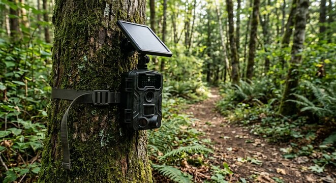 Trail camera mounted on a mossy tree in a lush green forest path facing a wildlife trail
