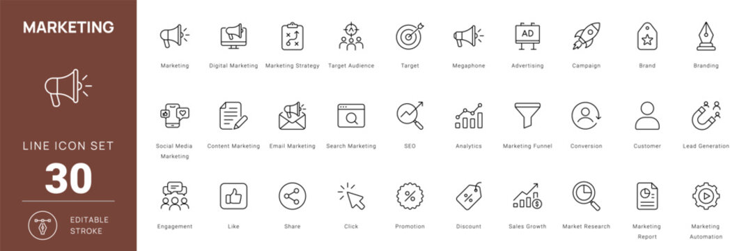 marketing icon line style digital advertising business promotion editable stroke vector set