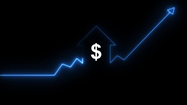 Real estate market growth neon graph with dollar sign. Home icon house sign neon lights animation with up arrow Dollar increase.Motion graphics of concept