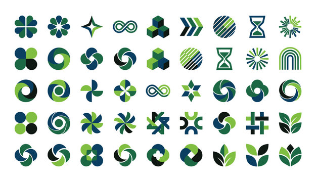 Large collection of abstract geometric corporate logo icons featuring blue and green shapes leaves and arrows branding symbols