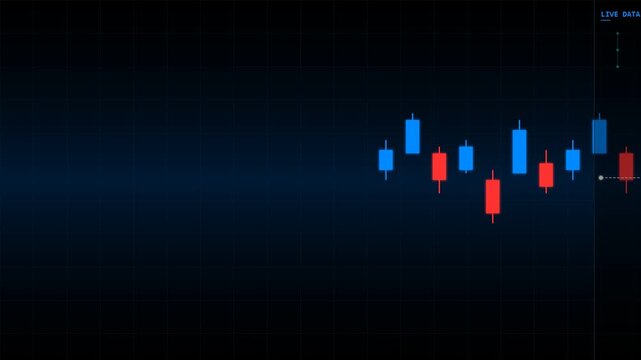 financial stock market trading chart with blue and red candlesticks representing market trends, investment analysis, currency exchange, price volatility