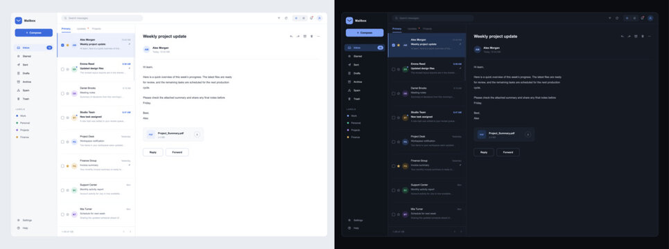 Email client interface in light and dark themes with inbox, message list, reading pane, folders and attachment preview. Mailbox layout for business communication and productivity. Vector UI, UX.