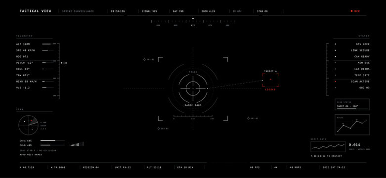 Tactical drone surveillance HUD with central crosshair, target lock, flight telemetry, radar and route monitoring. White technical indicators with red accents on a black background. Vector graphic.
