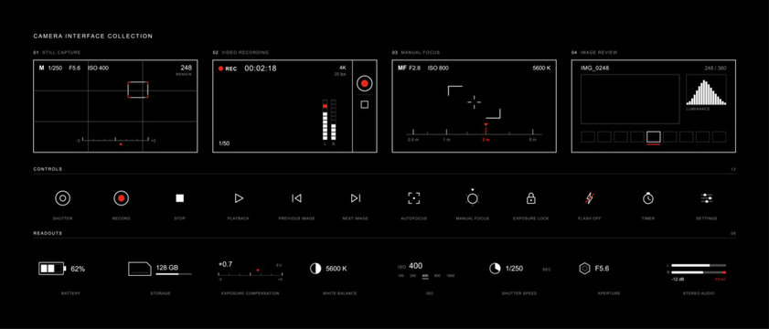 Camera viewfinder interface collection with digital video recording screens, grid lines, control buttons and settings icons. Minimal black and white media UI layout template. Vector collection.