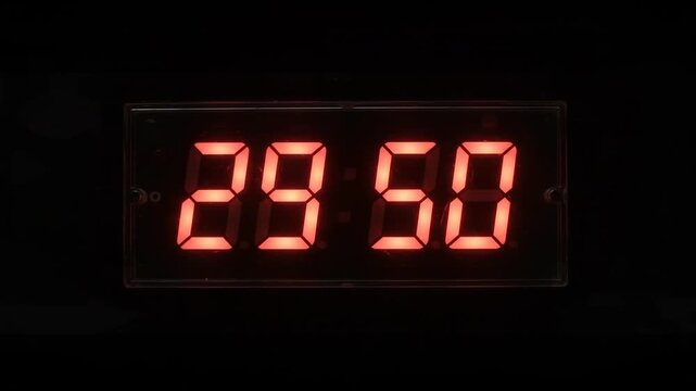Electronic LED clock shows twenty nine minutes and fifty seconds in bright red glow.
