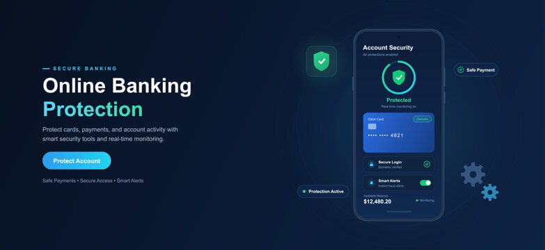 Online banking protection landing page design featuring smartphone mockup with secure account software interface. Dark futuristic cyber safety web banner template. Vector dashboard with UI, UX.