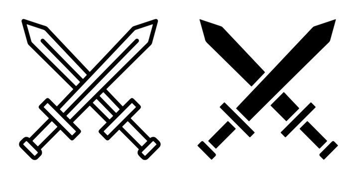 Crossed Swords Icon Set, Medieval Weapon Symbols, Battle and Conflict Vector Graphics, Warrior and Knight Emblem