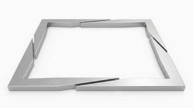 Abstract metallic square frame composed of four interlocking geometric bars on white background.
