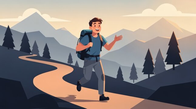 Cheerful Young Man Hiking on Serene Mountain Trail at Sunrise, Soft Pastel Sky Illuminating Distant Peaks, Surrounded by Tall Pine Trees, Warm Tones, Capturing Adventure and Tranquility