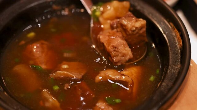 Braised Beef Soup in Hot Pot with Metal Ladle