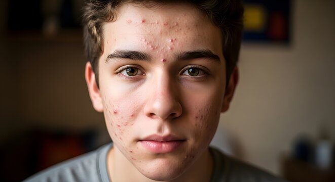 Teenage Boy with Acne and Pimples on Face Looking at Camera for Dermatology Portrait