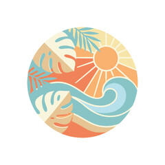 Obraz premium Stylized illustration of a tropical beach scene with a sun, wave, and palm leaves in a circle.