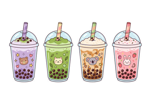 Cute cartoon boba milk tea drinks with funny animal face cups tapioca pearls and sweet flavors