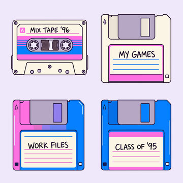 Nostalgic retro technology icons set featuring colorful audio cassette tape and plastic floppy disks