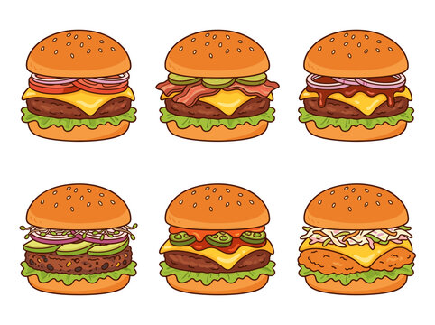 Set of delicious beef cheeseburgers and crispy chicken burgers with lettuce tomato cheese bacon