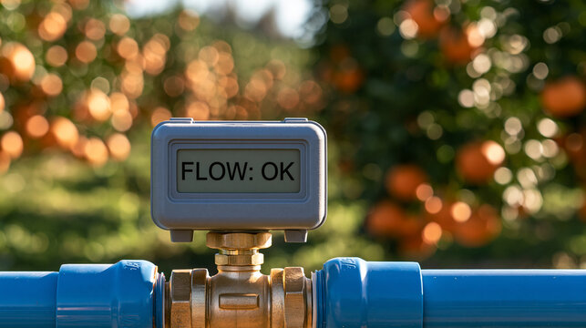 A digital flow meter mounted on blue irrigation pipes in an orange orchard displays FLOW OK.