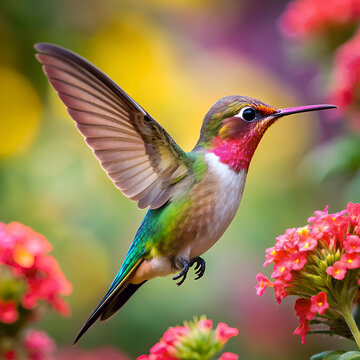 Colorful hummingbird in flight amidst vibrant flowers. A hummingbird in mid-flight with wings outstretched. hovering over blossoms in a garden setting.