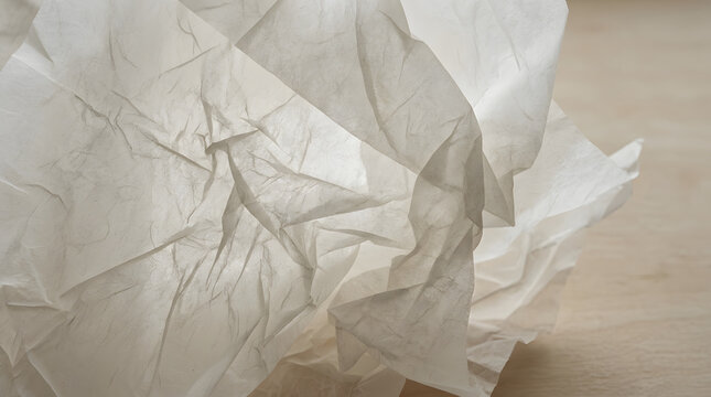 Crumpled White Tissue Paper with Detailed Wrinkled Texture on Light Wooden Surface
