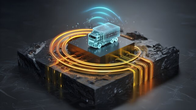 Miniature Wireframe Cyber Truck on Semiconductor Chip with Glowing Terahertz Waveguide Inverter Circuits and Wireless Signals