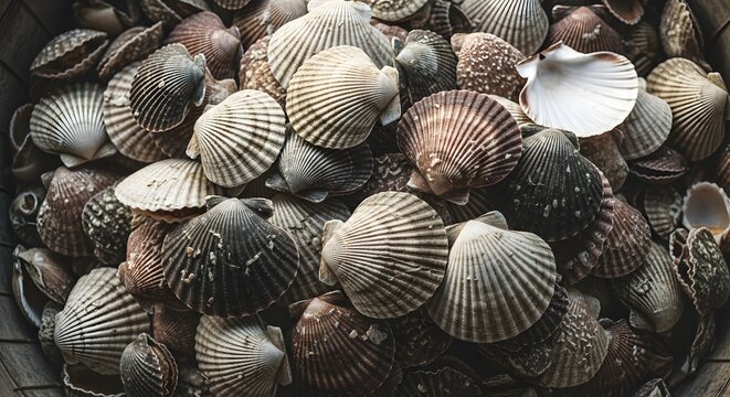 Rustic Scallop Shell Collection featuring assorted textured seashells in natural earth tones, ideal for coastal interior design themes and perfect for seafood restaurant menu backgrounds.
