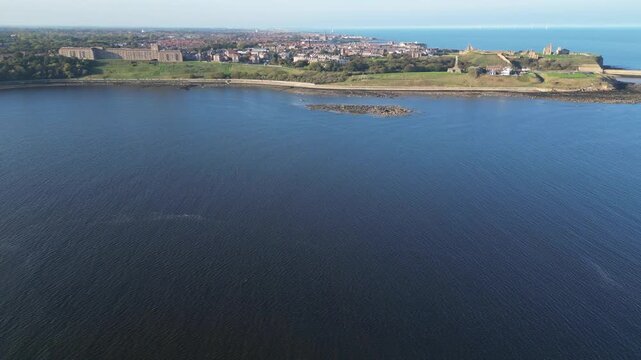 High Angle Drone Camera Footage of Newcastle upon Tyne Beach and Ocean. The Footage Was Captured at Just Before Sunset From Medium High Altitude From Sea Level on 13th October, 2025. 