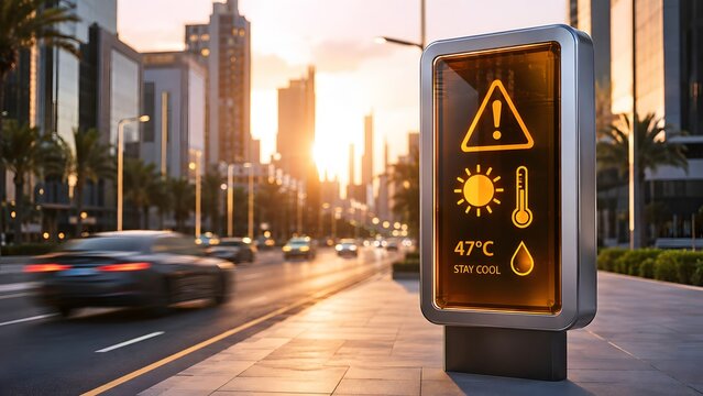Digital city billboard displaying extreme high temperature warning of 47 degrees celsius during a summer heatwave