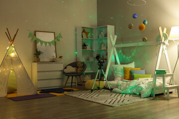 Childhood imagination and space exploration, cozy bedroom interior with teepee tent and telescope for creative play and learning in a home environment © Pixel-Shot