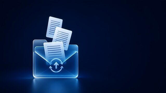 Glowing digital email envelope icon with flying document files representing electronic data transfer and cloud communication