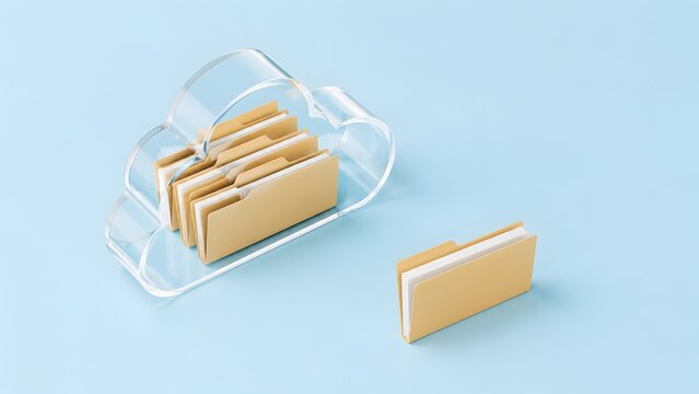 3D isometric transparent cloud computing icon with manila folders inside representing digital file storage and online data backup
