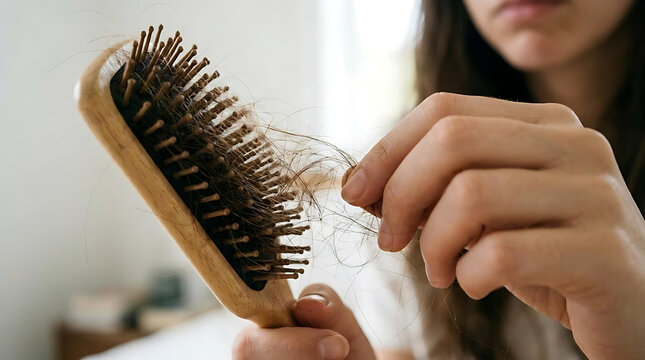 Woman Holding Hairbrush with Excessive Hair Loss and Hair Shedding Problem Close Up