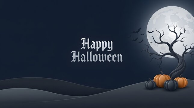 Happy halloween greeting card design with a spooky full moon barren tree and pumpkins on a dark background