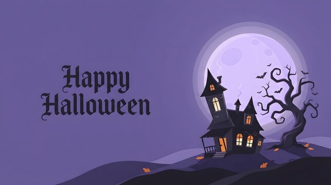 Happy halloween greeting card design featuring a spooky haunted house silhouette against a large glowing full moon