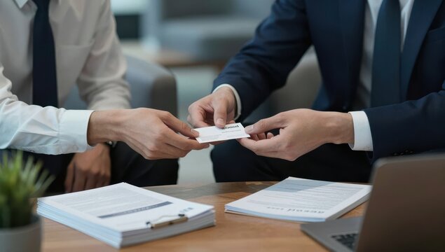 Close up of two professional businessmen in formal suits exchanging business cards during a meeting in a modern office setting with documents and a laptop on a wooden table