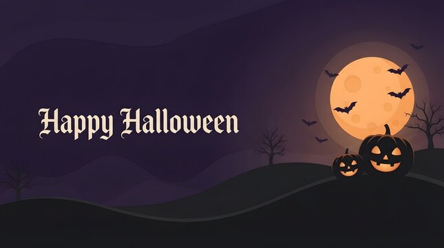 A festive happy halloween greeting card featuring a glowing jack o lantern under a large full moon