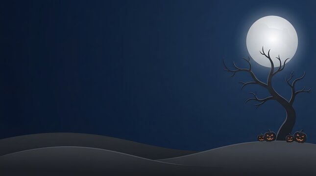 A lonely bare tree standing on a dark hill under a bright full moon in the night sky