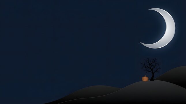 A glowing crescent moon shines brightly in the dark night sky above a peaceful and quiet landscape